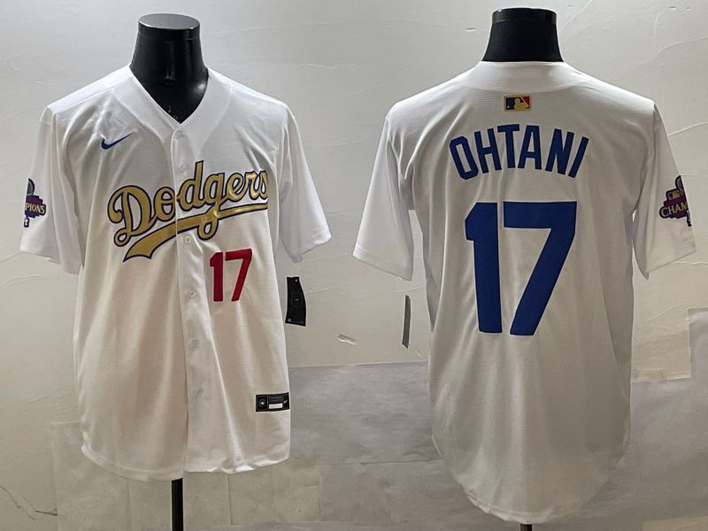 Men Los Angeles Dodgers 17 Ohtani White Champion gold character 2025 Nike MLB Jersey style 33114